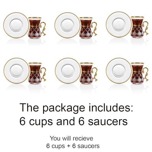 Gold Vintage Turkish Tea Glasses Cups and Saucers Set of 6 Drinking Glassware Party Adults Fancy Serving Coffee Tray Drinks Kettle Women Christmas Gift Teacup Handle Moroccan Drinkware Rim (Gold1)