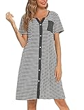 Marvmys Nachthemd Damen Baumwolle Schlafshirt mit durchgehende Knopfleiste Streife Kurzärmelig Nachtkleid Schlafhemd Nachtwäsche Umstands- Stillnachthemd Dunkelgrau S