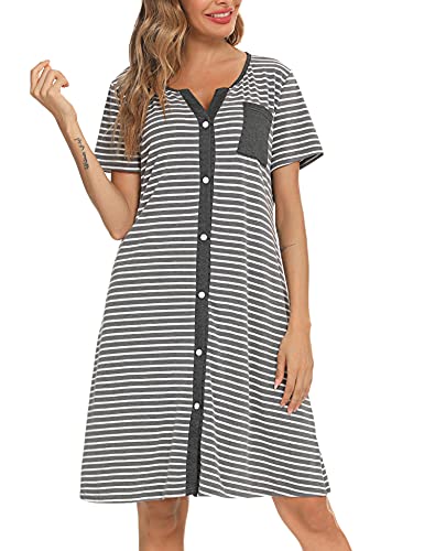 Doaraha Chemise de Nuit Femme Coton Été Chemise de Nuit Manche Courte Rayé Boutonnée Confortable à Porter Cover