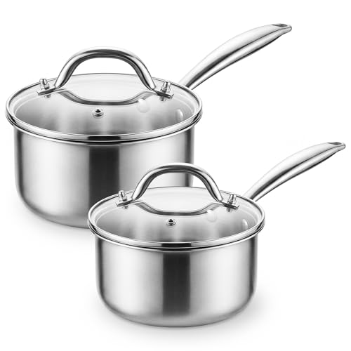 Idymere Tri-ply Stainless Steel Pot - 1.5 Qt & 2.5 Qt Heavy Duty Sauce Pan with Lid, Nonstick Stainless Steel Cookware Set Cooking Pot, Multipurpose Saucepan with Stay Cool Handle