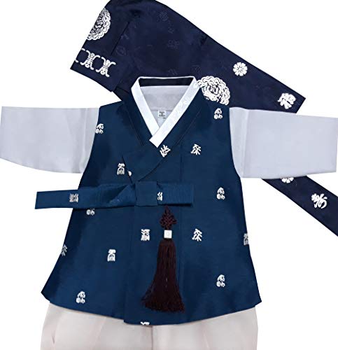 100 Day Birth Korea Baby Boy Hanbok Traditional Dress Outfits Celebration Party Navy with silver Print Set