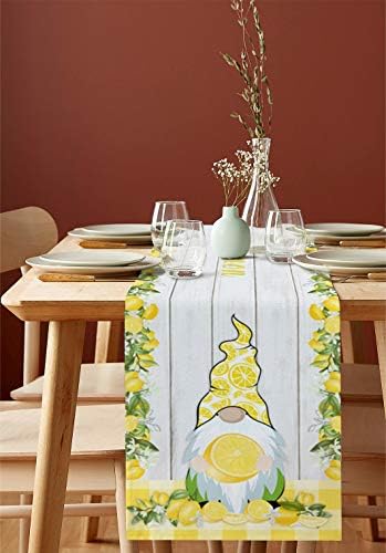 Linen Burlap Table Runner 14"x72", Cute Gnome Farmhouse Lemon Fruits Flowers Leaves Vintage Wooden Planks Farmhouse Table Runners Non-Slip for Holiday Parties, Dining Room, Home Kitchen, Wedding Decor