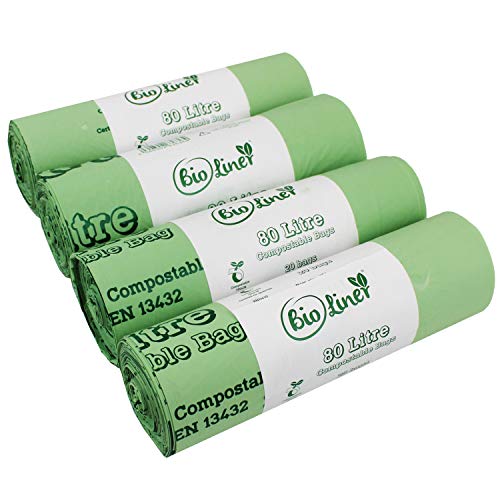 BioLiner 80 x 80L Compostable Bags for Swing Bins & Dustbins (4 Rolls of 20 Bags Each) - EN 13432 Certified - Food Waste Bin Liners