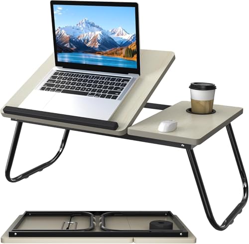 Bandeja Mesa Plegable para Cama con Portavasos y Ranura Inclinación Ajustable, Escritorio Portátil para Ordenador, Lectura y Desayuno, Mesa Auxiliar con Patas Estables Antideslizantes, 55x32x25cm