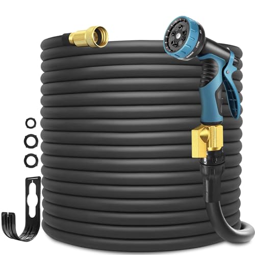 Garden Hose 100ft with 3/4'' Brass Fittings, Water Hose with 10 Functions Spray Nozzle, Lightweight, No-Kink, Leak-Proof Flexible Hose, Black Blue
