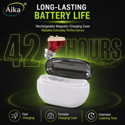 Image of Aika Rechargeable Digital Hearing Aid for Adults & Seniors | Invisible Mini CIC Hearing Amplifier | Noise Reduction | Magnetic Charging Case | 42 Hours Battery Backup | Volume Control | Comfortable In-Ear Design (1 Year Warranty)