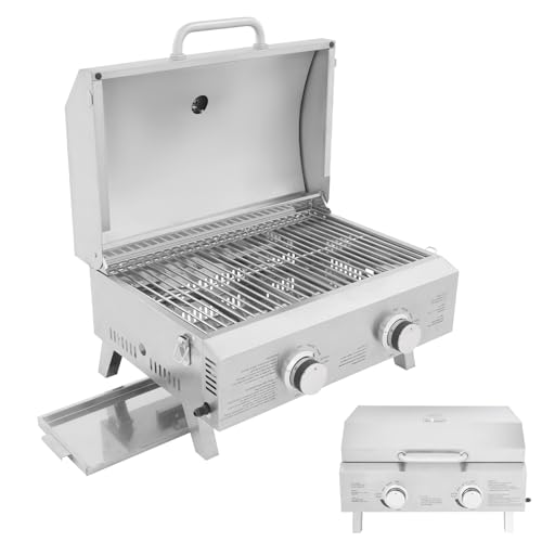 ROGONPDK Barbacoa de gas portátil de acero inoxidable de 2 quemadores, barbacoa plegable al aire libre, barbacoa de gas de mesa, barbacoa de acero inoxidable, barbacoa de gas, barbacoa de mesa, para