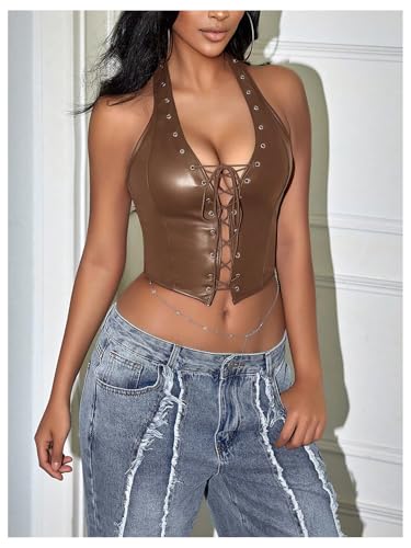 Image of WDIRARA Women's Punk PU Leather Halter Top Grommet Eyelet Tie Front Corset Crop Top