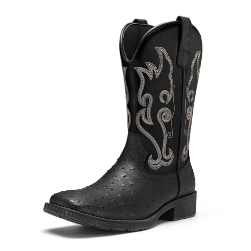 Cowboy Boots For Men Western Boots For Men Square Toe Ostrich Boots Exotic Skin, Men's Cowboy Boots Dress Trendy Slip Resistant Mid-Calf Embroidered Pull On Classic Boots, Botas Vaqueras Para Hombre