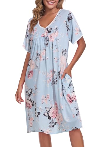Image of AVIIER Nightgows for Women Soft Cotton Night Shirts Short Sleeve Sleepwear with Pockets