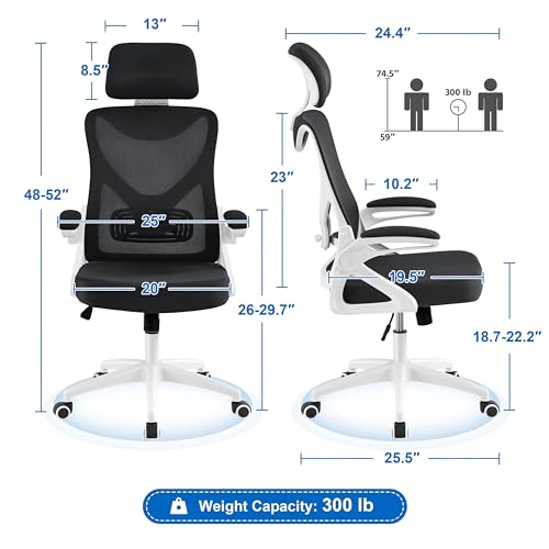 Image of Yaheetech Ergonomic Office Chair with Headrest, Lumbar Support, White /Black | Breathable mesh high-back adjustable headrest, padded seat, and flip-up armrests supports your back and neck, holds 300lb