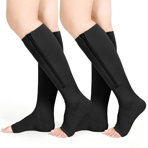 Image of Athbavib 2 Pairs Compression Socks for Women & Men with Zipper 15-20 mmhg, Wide Calf Open Toe Plus Size Compression Socks Men, Knee High Compression Stockings for Flying Nurses Pregnant Women Travel