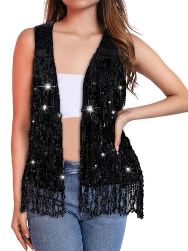 Asooll Fringe Sequin Vest Black Sparkly Jacket for Women