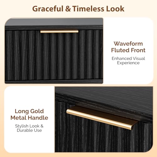 Image of VINGLI Nightstands Set of 2, Fluted Night Stand with Drawer, Bedside Table, Wood Nightstand for Bedroom, Mid Century Modern End Tables, Black, 18.9 inch W*14.96 inch D*24 inch H