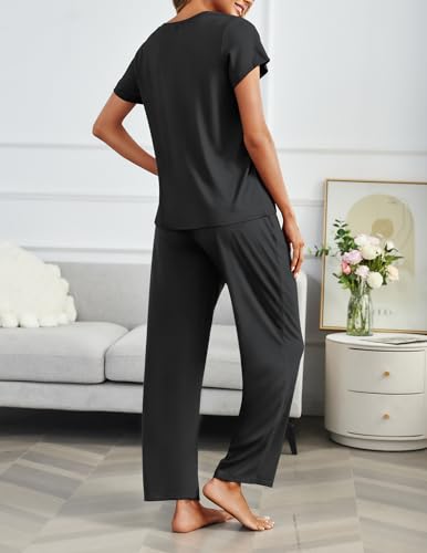 Image of Ekouaer 2 Pack Pajamas for Women Set Short Sleeve Pj Top and Printed Pants | Soft PJs Cozy Printed Lounge Sets Comfy Sleepwear with Pockets
