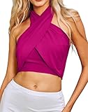 HYPERFIRE Women's Sexy Criss Cross Halter Sleeveless Wrap Front Backless Cami Crop Top Clubbing Hot Pink Small