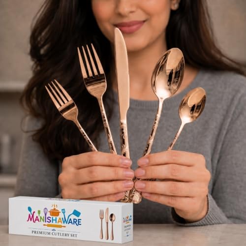 Image of Floral Rose Gold 20 Pcs Stainless Steel Cutlery Set for Dining Table, Dishwasher Safe Glossy Flatware (4 Spoon Set+4 Forks Set+4 Butter Knife+4 Dessert Spoon+ 4 FruitFork)