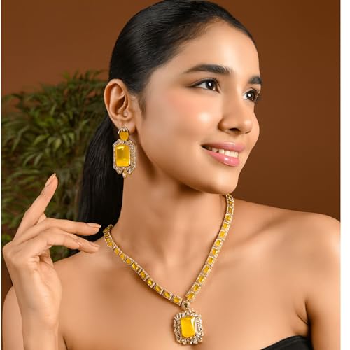 Image of I Jewels Gold Plated Stylish Design Crystal Diamond Necklace & Earrings Jewellery Set for Women