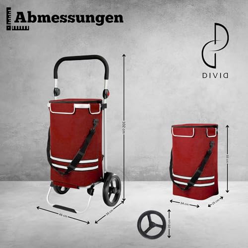 DIVID® Einkaufstrolley mit integrierter Sackkarre, 56LFassungsvermögen bis zu 50Kg belastbar,Klappbar,Umhängetasche und Kühlfach, Faltbarer Einkaufswagen (Rot) – Bild 3