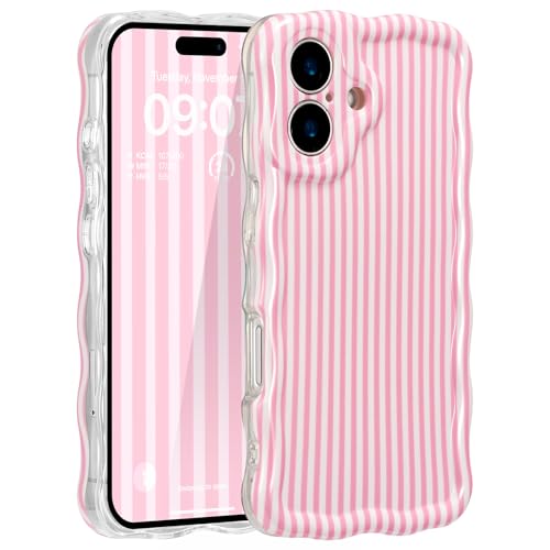 ZCDAYE for iPhone 16 Plus Case Cute Wavy Aethetic Printed Phone Case for Women Girls Pretty Funky Pattern Soft Shell Full Camera Protective Cases for iPhone 16 Plus (6.7 inches Pink Stripes