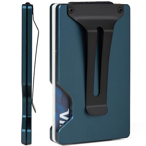 Image of Minimalist Carbon Fiber Wallet for Men, Money Clip Cash Strap Wallet, RFID Blocking Metal Wallet Aluminum Card Holder,Front Pocket Wallet(Matte Navy)