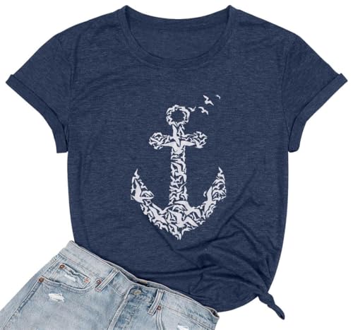 Nautical Anchor T-Shirt Womens Captain Sailboat Shirt Cruise Shirts Summer Navy Sailor Vacation Tee Tops