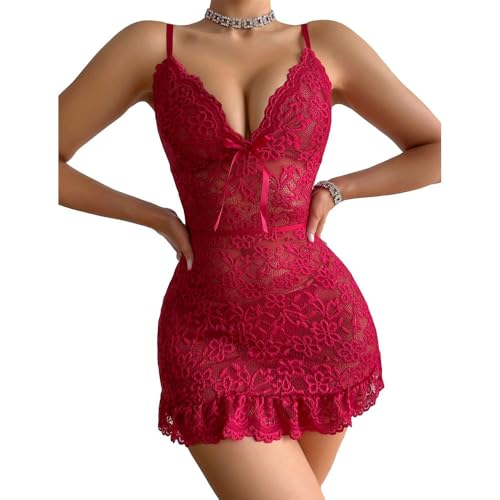 KOEMCY Dessous Damen Sexy Unterwäsche Lingerie Spitze Trägerkleid Babydoll Transparent Mesh Body Netzoberteil Reizwäsche Netzshirt Fishnet Netzbody...