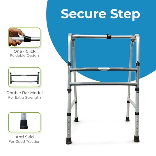 Image of EverActiv Mild Steel Height Adjustable Double Bar Folding Walker for Adults & Seniors | Grey Finish | Non-Slip Handles | Adjustable Legs | Heavy-Duty Frame