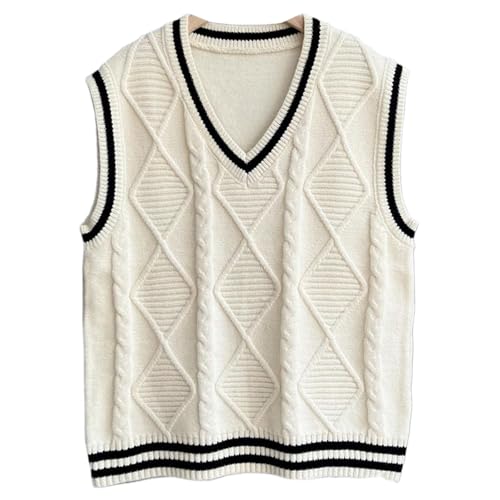Image of Blostirno Women's V Neck Sweaters Vest Trendy Cable Ribbed Sleeveless Knit Striped Pullover Sweaters Tops