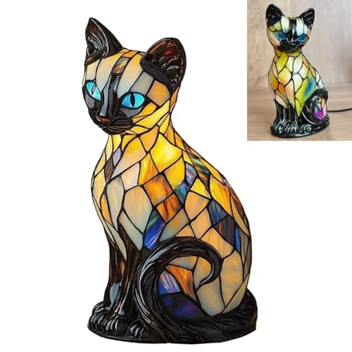 MiYarBoO Cat Lamp Stained Glass Cat Lamp Decorative Resin LED Night Light for Cat Lovers USB Vintage 3D Table Lamp Cozy Glow for Desk & Mantel Fun Gift for Pet Owners (Siamese Cat B)