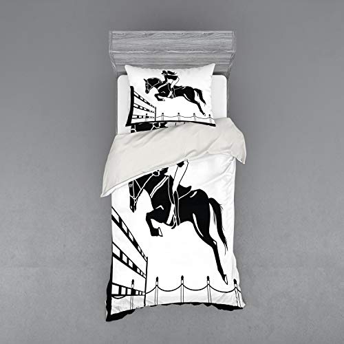 Ambesonne Cartoon Bedding Set, Racing Horse with a Jockey Girl Jumping Above Barrier Barn Farming Print, 3 Piece Duvet Cover Set with Sham and Fitted Sheet, Twin Size, White Charcoal Grey