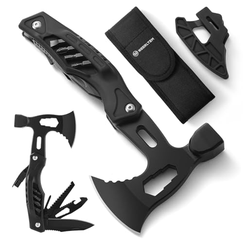 WEERLTEM Camping Multitool Hatchet, 22 in 1 Super Hardened Stainless Steel Multitool Hammer Axe with Safety Locking, Upgrad Hidden Portable Camp Survival Hatchet Screwdriver Set with Nylon Sheath