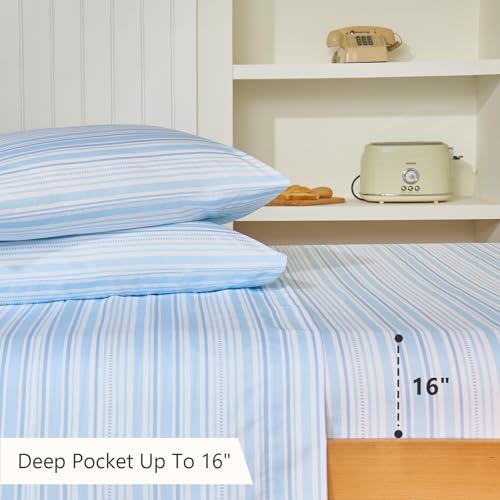 Image of MCO 4Pieces Striped Sheets Set, Breathable King Sheet Set with 16 inch Deep Pocket,Modern & Luxury, Brushed Microfiber Bedding Set(King, Blue)