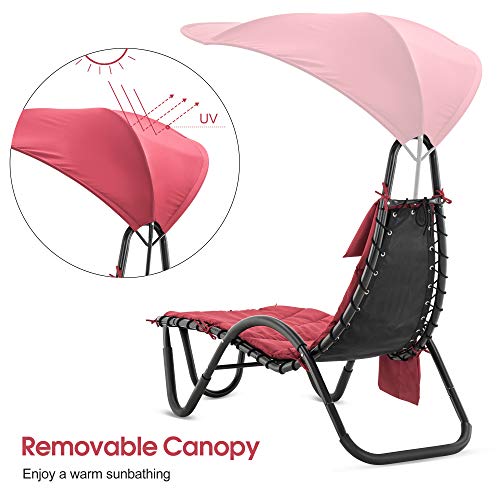 Mcombo Outdoor Steel Chaise Lounge Chair With Removable Canopy And Cushions, Reclining Chair W/Side Pocket Arc Stand, For Beach Poolside Backyard Balcony Porch, 4097 (Burgundy) #TOP6