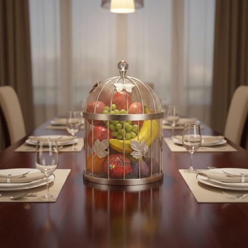Image of Insect-Resistant Fruit and Vegetables Basket with Lid | Decorative Mesh (Jaali) Fruits and Vegetables Holder for Home and Kitchen - Silver