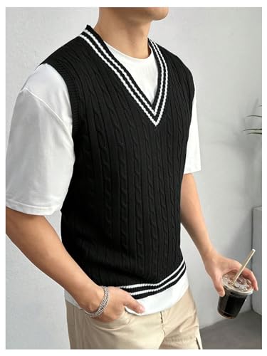 SOLY HUX Men's Striped Cable Knit Sweater Vest V Neck Sleeveless Casual School Sweater Tops3