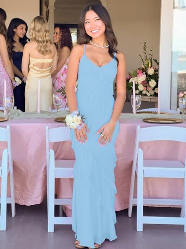 Image of HOCILLE Women's Sexy V Neck Backless Bodycon Spaghetti Strap Elegant Ruffle Maxi Cocktail Party Dresses