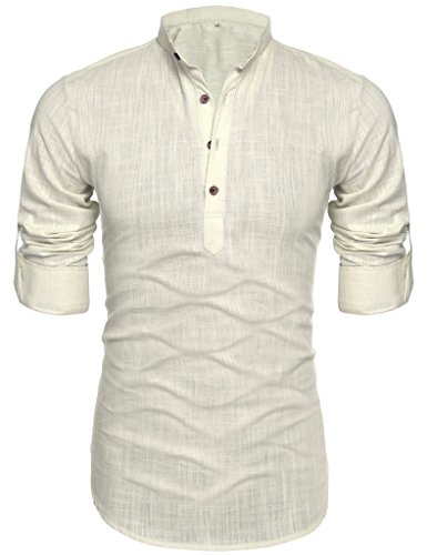 Men's Linen Cotton Long Sleeve Stand Collar Button Down Shirt