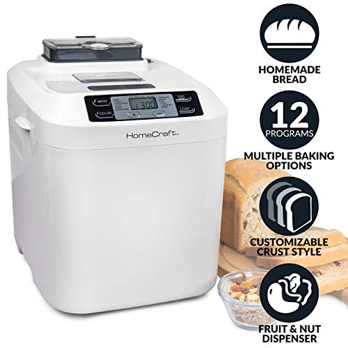 Homecraft Hcpbmad2Wh Bread Maker With Auto Fruit & Nut Dispenser Makes 2 Lb. Loaf Size, 3 Crust Options, 12 Programmable Settings, White #TOP1