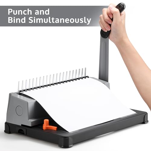 Image of OFFNOVA Binding Machine, 21-Hole 450 Sheets Paper Comb Punch Binder Machine for Letter Size / A4 / A5 Paper, Easy to Punch Handle, Adjustable Margin, Gray