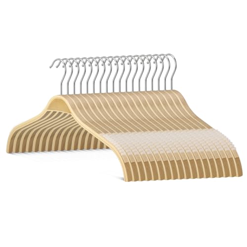 Homa Jia 18 Pack Slim Wooden Hangers, No Shoulder Bumps Clothes Hangers with Non-Slip Rubber Grip, Natural Wood Suit Hangers for Sweater, Coat, Dress, Shirt, 360° Swivel Hook
