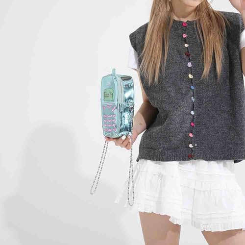 Women Patent Leather Glossy Shoulder Bag, Kawaii PU Leather Chain Purse, Mini Funny Digital Cell Phone Crossbody Bag4