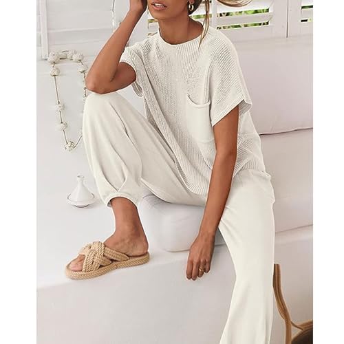 Bestgift Conjunto de suéter feminino de duas peças de malha calças de cintura alta roupas esportivas