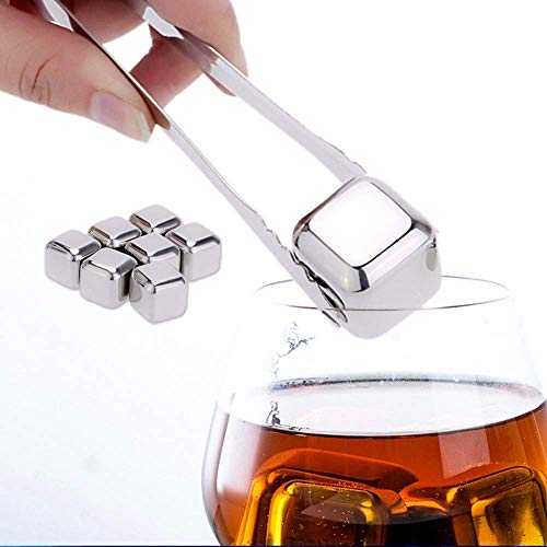 THW® Stainless Steel Pack of 8 Reusable Ice Cubes Chilling Stones with Tong & Freezer Storage Tray for Whiskey, Wine & Soft Drinks