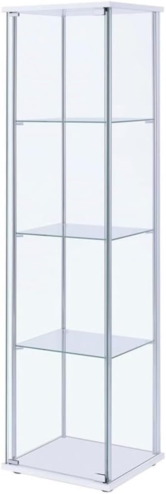 BOWERY HILL 4 Shelf Glass Display Case Cabinet with Chrome Support Beams and White Top/Base