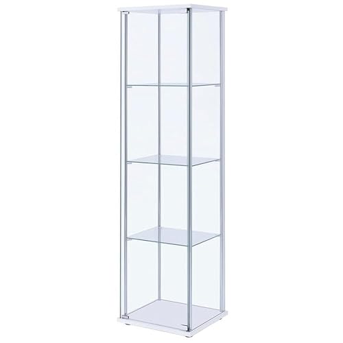 BOWERY HILL 4 Shelf Glass Display Case Cabinet with Chrome Support Beams and White Top/Base - White