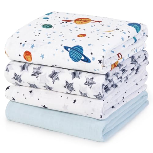 Image of david's kids 4 Pack Baby Muslin Swaddle Blankets, 100% Cotton and Ultra Soft Breathable Receiving Blanket Wrap for Boys Girls, New Born Essentials, Large 47 x 47 inches, Space&Stars