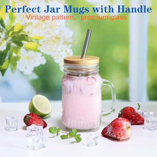 Magicsky Mason Jar Cups with Handles, Vintage 16 oz Glass Iced Coffee Cup with Bamboo Lids and Straws, Pint Drinking Jars Mug for Smoothie, Cold Drinks, Juice, Party Beverages, Set of 4 - Image 4