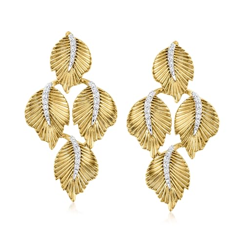 Ross-Simons 0.25 ct. t.w. Diamond Leaf Drop Earrings in 18kt Gold Over Sterling