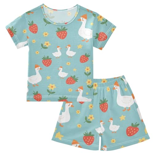Pajama Short Sets Farm Animals with Strawberries Flowers Soft Cotton Summer Sleepwear 2 Piece PJS Size 5-14T